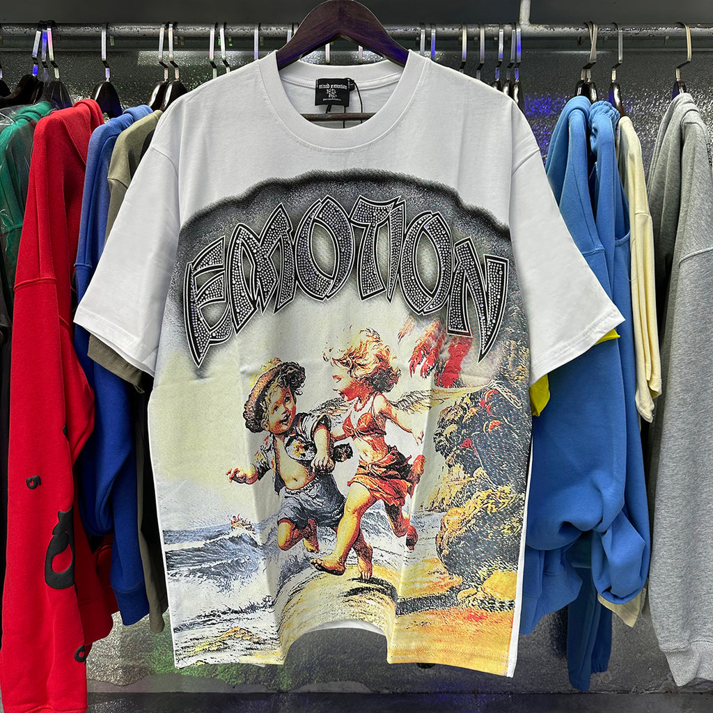 Top Quality Heavyweight 100% Cotton Mixed Emotions Tee Shirts Loose Casual Embroidery Oversized T-shirts